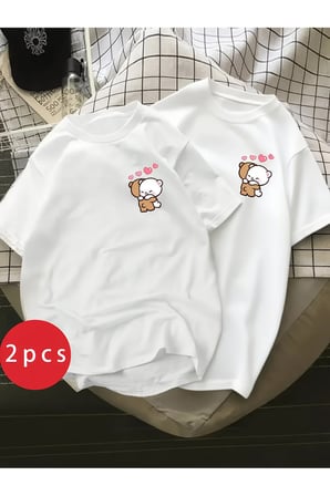 Sevgili Kombini Ayıcık Kalp Baskılı Çift Tişört Oversize Unisex Partner Kombin Seti