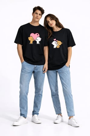 Sevgili Kombini Ayıcık Kalp Baskılı Çift Tişört Oversize Unisex Partner Kombin Seti