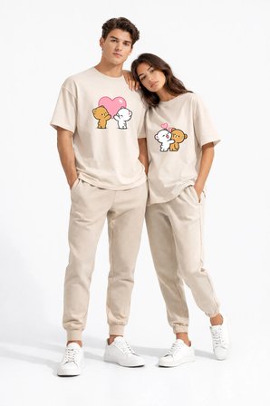 Sevgili Kombini Ayıcık Kalp Baskılı Çift Tişört Oversize Unisex Partner Kombin Seti