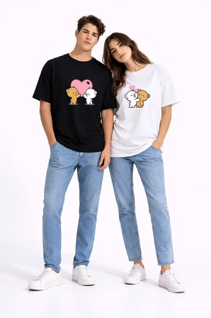 Nevermind Sevgili Kombini Ayıcık Kalp Baskılı Çift Tişört Oversize Unisex Set