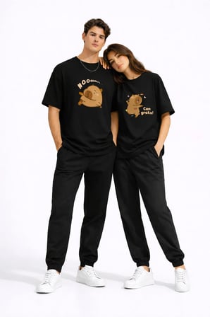 Sevgili Kombini Sevimli Ayı Baskılı Çift Tişört Oversize Unisex Partner Tişört 2'li Set