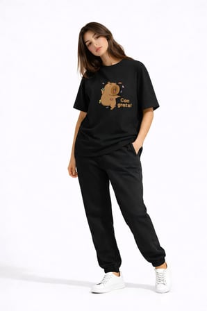 Sevgili Kombini Sevimli Ayı Baskılı Çift Tişört Oversize Unisex Partner Tişört 2'li Set