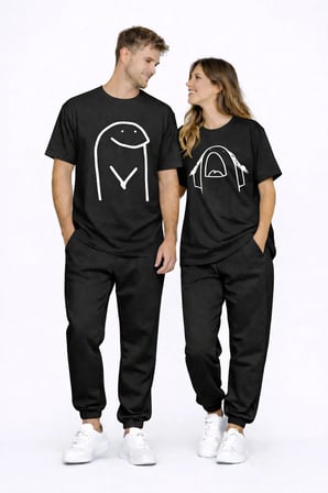 Sevgili Kombini Çift Tişört Oversize Unisex Matching Couple Minimal Çizim Tasarım Çift Kombin Seti