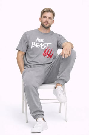 Sevgili Kombini Her Beast His Beauty Oversize Çift Tişört Unisex Partner Couple Kombin Seti