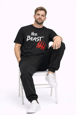Sevgili Kombini Her Beast His Beauty Oversize Çift Tişört Unisex Partner Couple Kombin Seti
