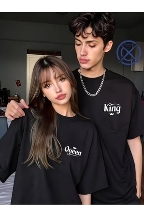 King Queen Sevgili Tişört Kombini Unisex Çift Tişört Seti %100 Pamuk Couple T-Shirt
