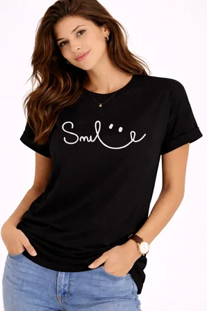 Unisex Tişört Smile Baskılı Basic Oversize Günlük Rahat %100