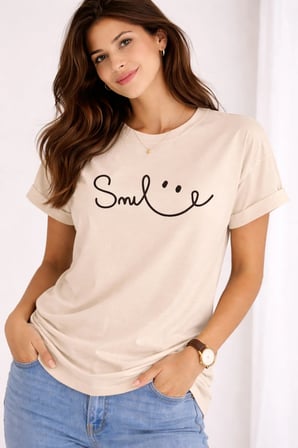 Unisex Tişört Smile Baskılı Basic Oversize Günlük Rahat %100