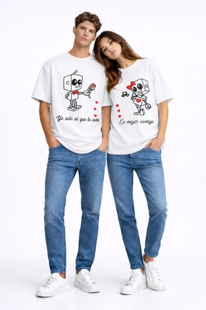 Sevgili Kombini Robot Baskılı Çift Tişört Oversize Unisex Partner Kombin Seti
