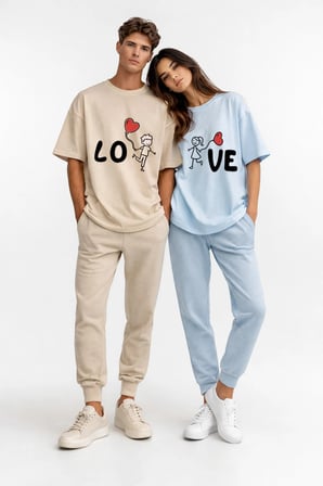 Sevgili Kombini Love Baskılı Çift Tişört Oversize Unisex Partner Kombin Seti
