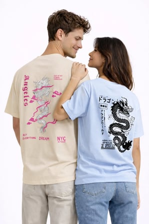 Sevgili Kombini Dragon Baskılı Çift Tişört Oversize Unisex Street Partner Kombin Seti