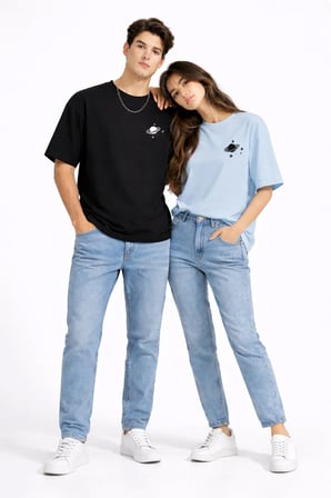 Sevgili Kombini Minimal Uzay Gezegen Baskılı Çift Tişört Oversize Unisex Partner Tişört 2'li Set