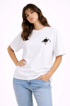 Sevgili Kombini Minimal Uzay Gezegen Baskılı Çift Tişört Oversize Unisex Partner Tişört 2'li Set