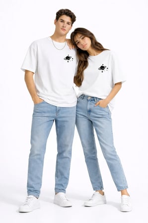 Sevgili Kombini Minimal Uzay Gezegen Baskılı Çift Tişört Oversize Unisex Partner Tişört 2'li Set