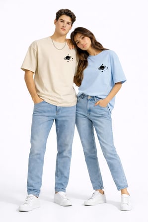 Sevgili Kombini Minimal Uzay Gezegen Baskılı Çift Tişört Oversize Unisex Partner Tişört 2'li Set