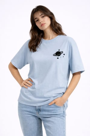 Sevgili Kombini Minimal Uzay Gezegen Baskılı Çift Tişört Oversize Unisex Partner Tişört 2'li Set