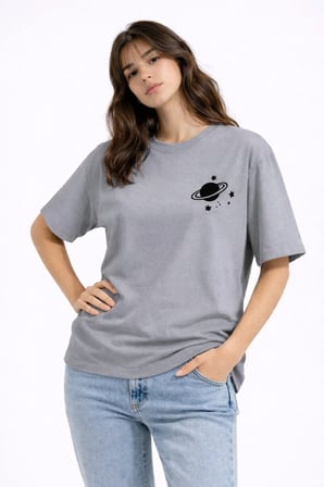 Sevgili Kombini Minimal Uzay Gezegen Baskılı Çift Tişört Oversize Unisex Partner Tişört 2'li Set