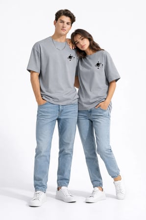 Sevgili Kombini Minimal Uzay Gezegen Baskılı Çift Tişört Oversize Unisex Partner Tişört 2'li Set