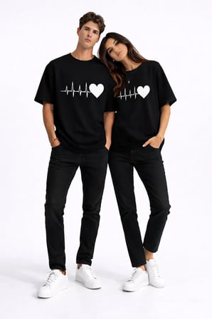 Sevgili Kombini Kalp Ritmi Baskılı Çift Tişört Oversize Unisex Partner Kombin Çift Seti