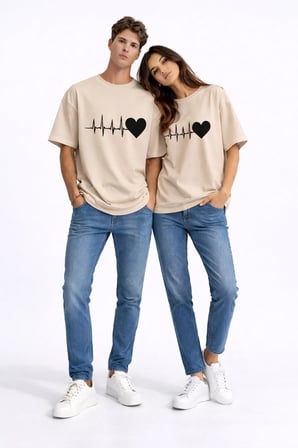 Sevgili Kombini Kalp Ritmi Baskılı Çift Tişört Oversize Unisex Partner Kombin Çift Seti