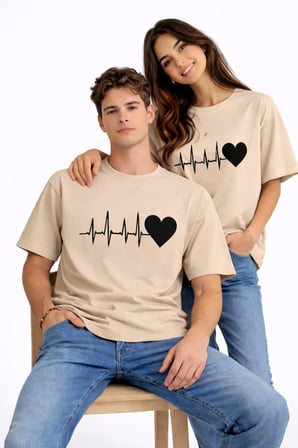 Sevgili Kombini Kalp Ritmi Baskılı Çift Tişört Oversize Unisex Partner Kombin Çift Seti