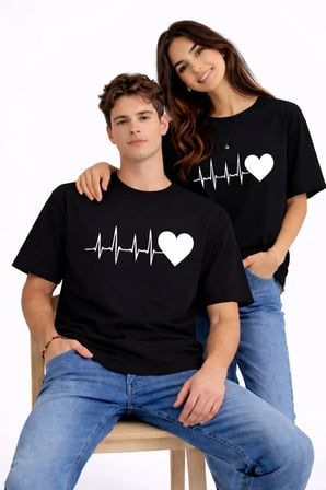 Sevgili Kombini Kalp Ritmi Baskılı Çift Tişört Oversize Unisex Partner Kombin Çift Seti