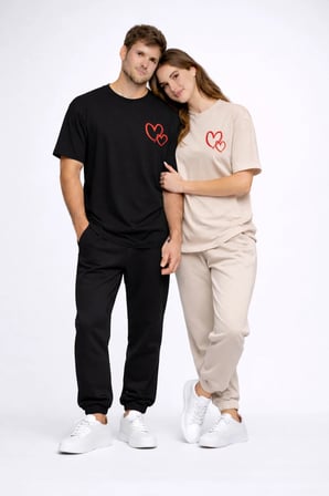 Sevgili Kombini Kalp Baskılı Oversize Çift Tişört Unisex Uyumlu Partner Kombin Seti