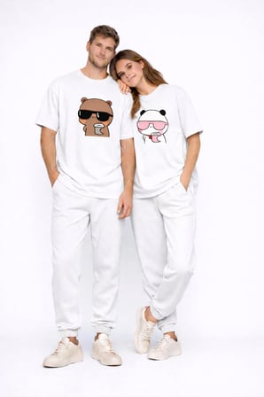 Sevgili Kombini Panda Bardak Baskılı Çift Tişört Oversize Unisex Partner Kombin Çift Seti Hediye