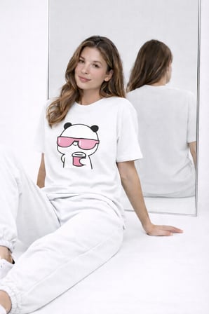 Sevgili Kombini Panda Bardak Baskılı Çift Tişört Oversize Unisex Partner Kombin Çift Seti Hediye