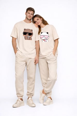 nevermind sevgili kombini panda bardak baskılı çift tişört oversize unisex çift set hediye