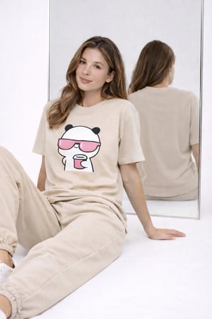 Sevgili Kombini Panda Bardak Baskılı Çift Tişört Oversize Unisex Partner Kombin Çift Seti Hediye