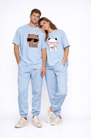 Sevgili Kombini Panda Bardak Baskılı Çift Tişört Oversize Unisex Partner Kombin Çift Seti Hediye