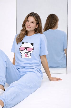 Sevgili Kombini Panda Bardak Baskılı Çift Tişört Oversize Unisex Partner Kombin Çift Seti Hediye