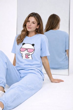 Sevgili Kombini Panda Bardak Baskılı Çift Tişört Oversize Unisex Partner Kombin Çift Seti Hediye