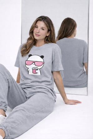 Sevgili Kombini Panda Bardak Baskılı Çift Tişört Oversize Unisex Partner Kombin Çift Seti Hediye