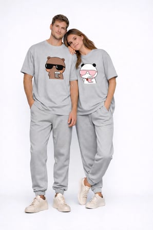 Sevgili Kombini Panda Bardak Baskılı Çift Tişört Oversize Unisex Partner Kombin Çift Seti Hediye