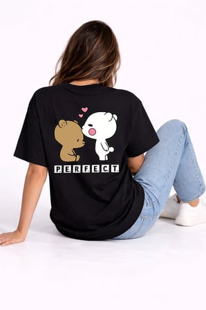Sevgili Kombini Perfect Pair Ayıcık Baskılı Çift Tişört Oversize Unisex Partner Kombin Seti