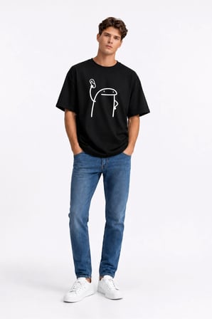 Komik Terlik Fırlatan Çöp Adam Çift Tişörtü Oversize Unisex Sevgili Kombini Baskılı Beyaz Tişört