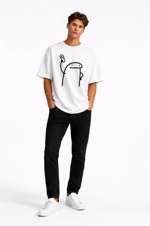 Komik Terlik Fırlatan Çöp Adam Çift Tişörtü Oversize Unisex Sevgili Kombini Baskılı Beyaz Tişört