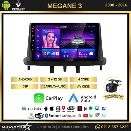 Megane 3 Kablosuz Carplay 2+32GB Android 13 Navigasyon Multimedya Sistemi