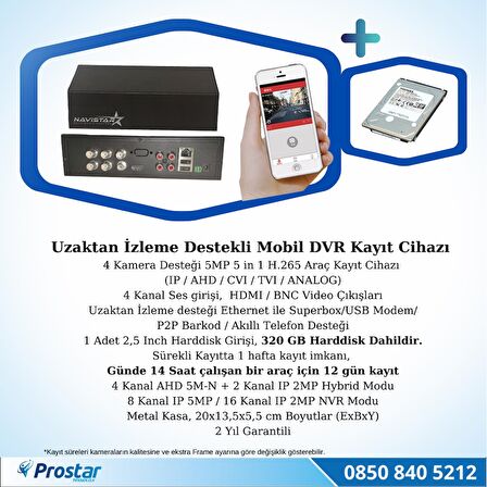 4 Kanal Mobil DVR Kayıt Cihazı 320 GB Harddisk Dahil Uzaktan İzleme Destekli Hdmi