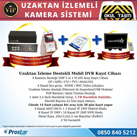 Profesyonel Servis Araç Kamera Seti 4 Kameralı Kayıtlı 1 TB Harddiskli Tak Kullan Set