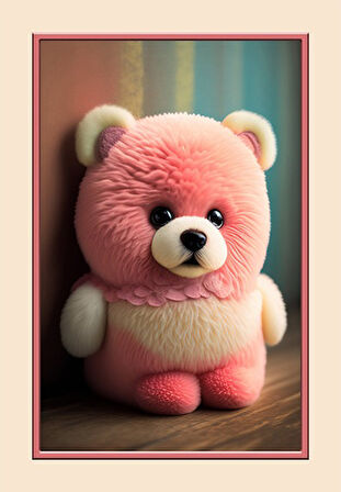 Pembe-Krem Pvc Deri Kaymaz Taban Pembe Peluş Ayıcık Baskılı Pvc Çocuk Halı O-1789