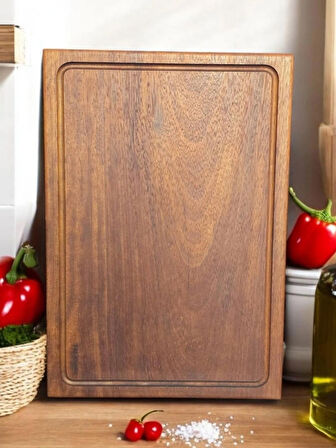 F&S WoodArt 40 X 27,5 Cm Yekpare Masif Eksiz Tek Parça Doğal Ahşap Oluklu Et Kesme Sunum Doğrama Tahtası