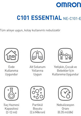 Omron C101 Essential Şarjlı Nebulizatör - Aile için Uygun, Taşınabilir ve Kolay Temizlenebilir, Ev ve Seyahat İçin İdeal