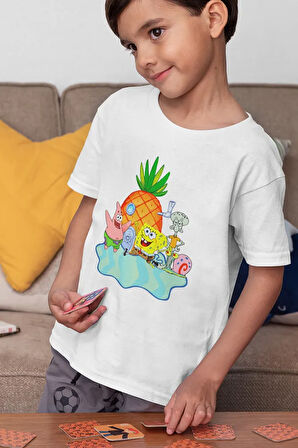 Süngerbob Karakterleri Baskılı Unisex Çizgi Film Çocuk Tişört (1-12 YAŞ)