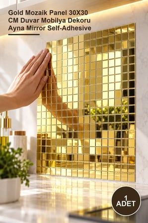 1 Adet Kendinden Yapışkanlı Aynalı Kare Sticker – Gold Mozaik Panel 30X30 CM Duvar Mobilya Dekoru Ayna Mirror Self-Adhesive