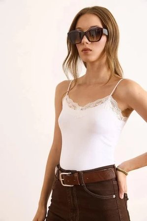 Dantel Detaylı Altı Çıtçıtlı Polyamid Bodysuit Ekru