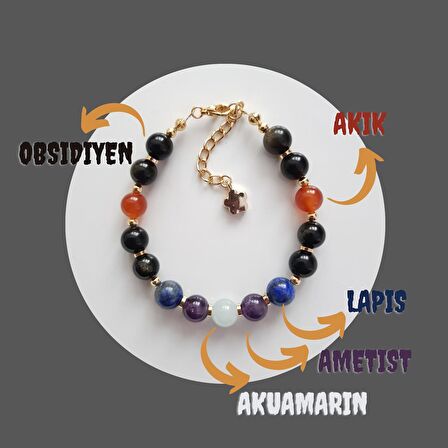Artaril Olumlu Düşünce Doğal Taş Ayarlanabilir Bileklik Obsidiyen Akik Lapis Akuamarin Ametist 8mm