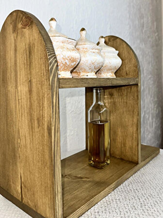 O&a Wood Doğal Ahşap Mutfak-Banyo Rafı Tezgah Üstü Düzenleyici Baharatlık Organizer Raf Koyu Meşe